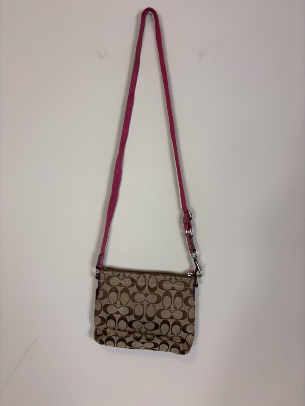 Coach Brown Signature Monogram C Crossbody with Pink Patent Leather Trim 8.5 x 7 - Picture 2 of 9